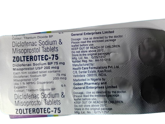 Zolterotec Diclofenac Sodium & Misoprostol Tab 75mg (1 card) 
