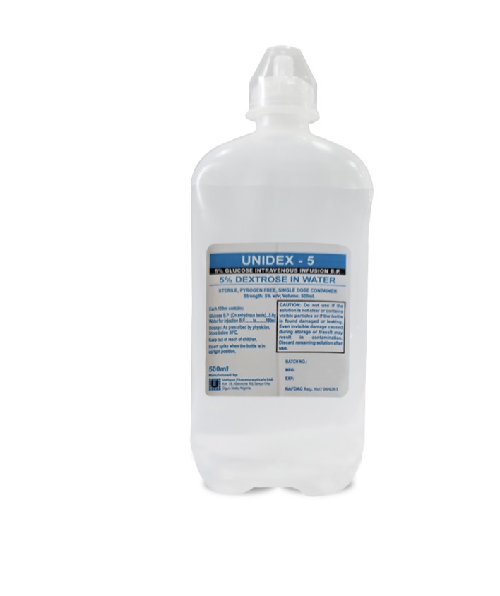 Unidex-5 5% Dextrose In water 500ml(Carton of 20 Bags, Unique)