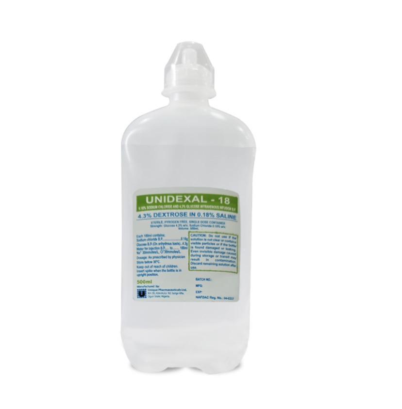 Unidexal-18 4.3% Dextrose in 0.18%Saline 500ml(Cartoon of 20 Bags, Unique)