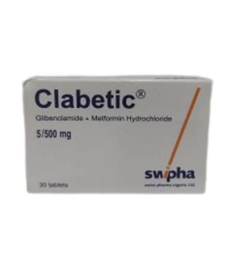 Clabetic 5/500mg Glibenclamide 5mg+Metformin Hydrochloride 500mg(Pack of 30 Tablets, Swipha)