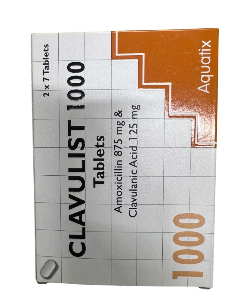 Clavulist 1000mg Amoxicillin 875mg and Clavulanic Acid 125mg(Pack of 14 Tablets, Aquatix)
