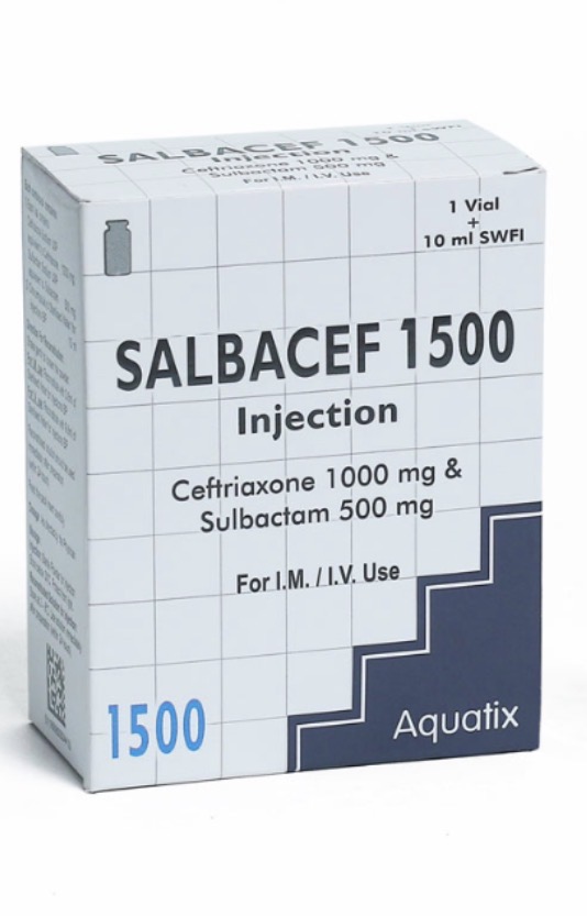Salbacef 1500 Cefrtiaxone 1000mg and Sulbactam 500mg Injection(One Vial, Aquatix)