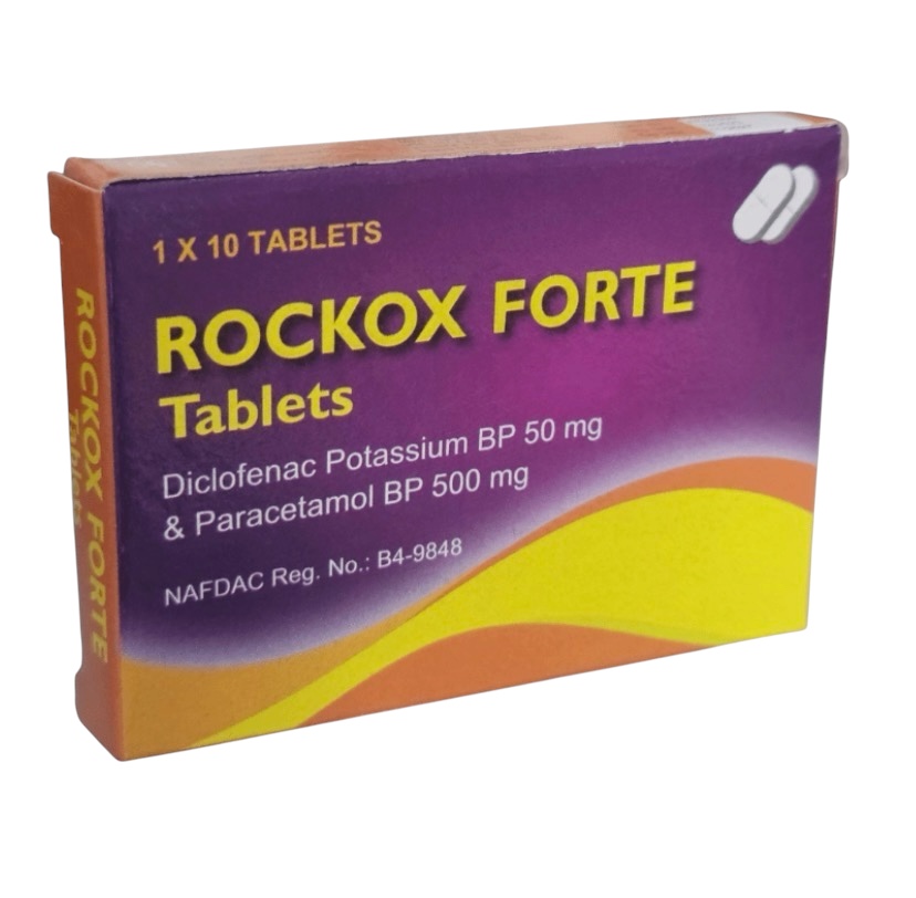 Rockox Forte Diclofenac Potassium 50mg+Paracetamol 500mg(Box of 200 Tablets, Aquatix)