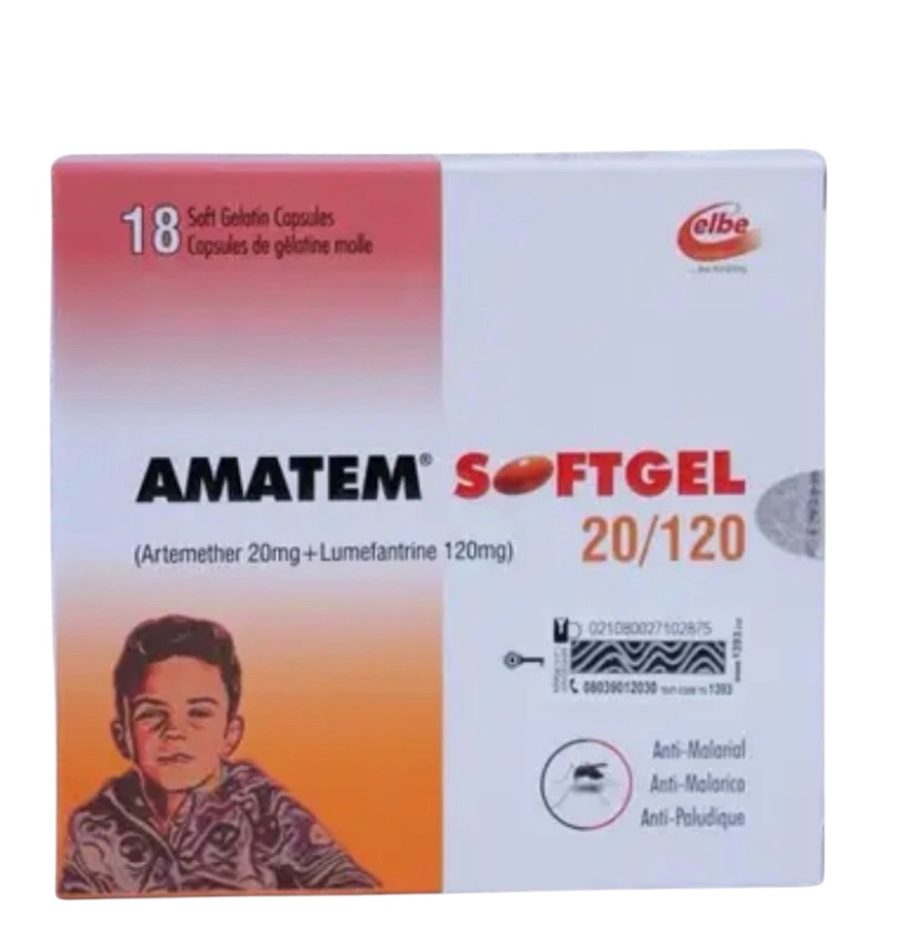 Amatem Softgel Artemether 20mg/Lumefantrine 120mg(Pack of 18 Capsules, Elbe)