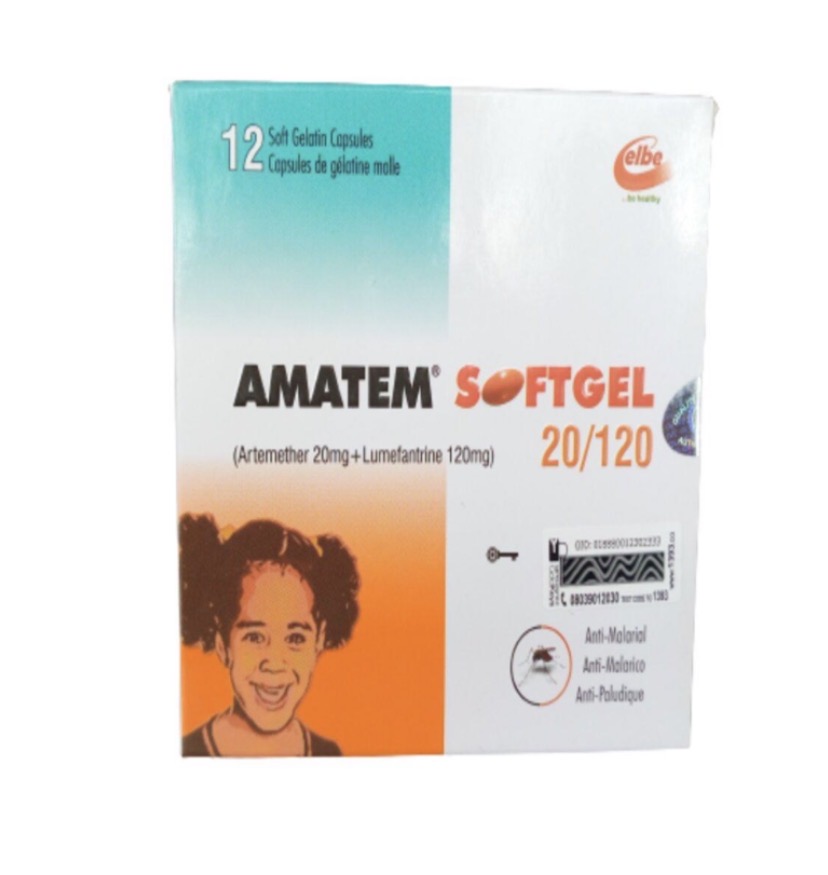 Amatem Softgel Artemether 20mg+Lumefantrine 120mg(Pack of 12 Softgels, Elbe)
